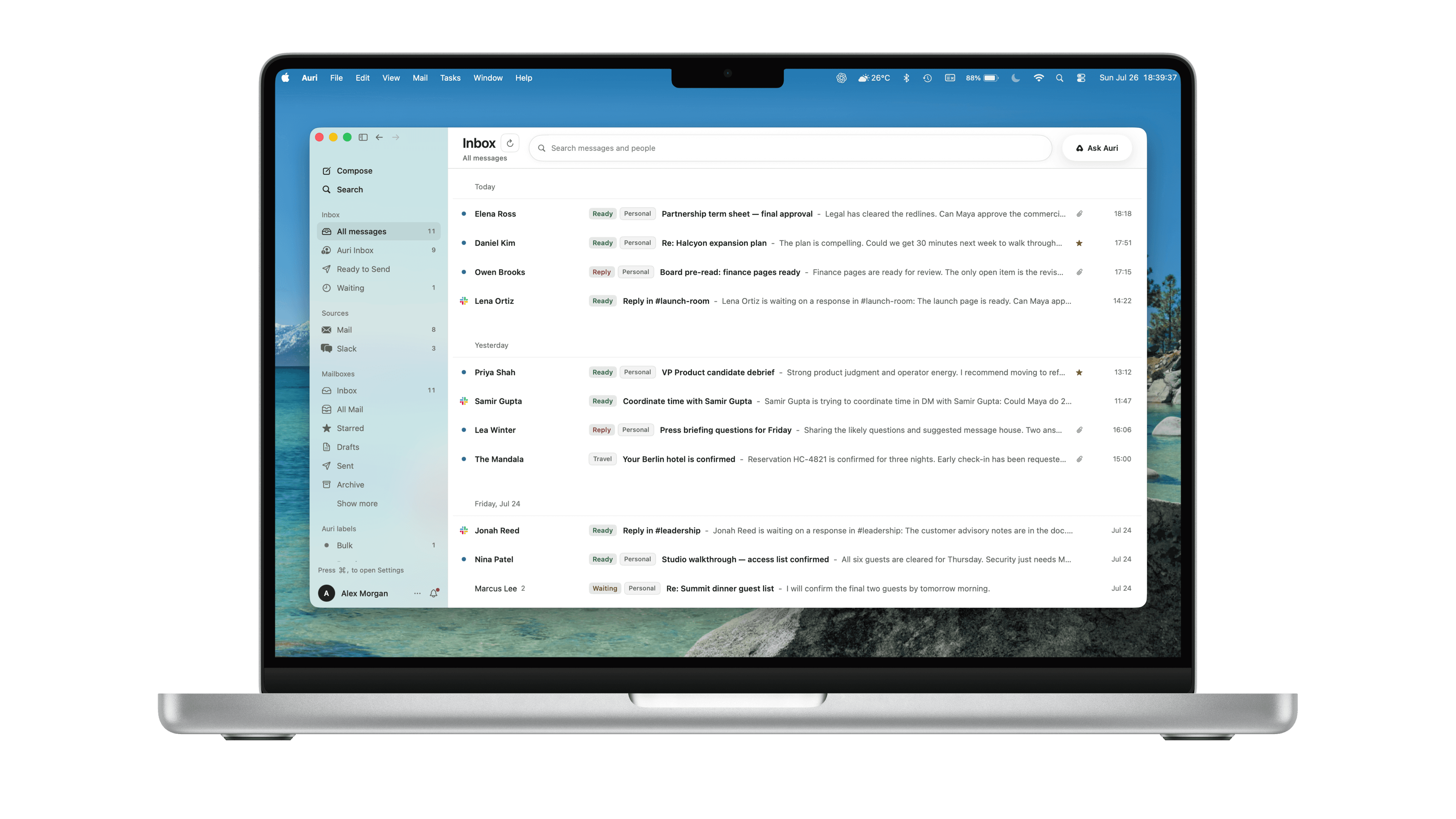 Auri Inbox displayed on a MacBook, showing prioritized executive communications