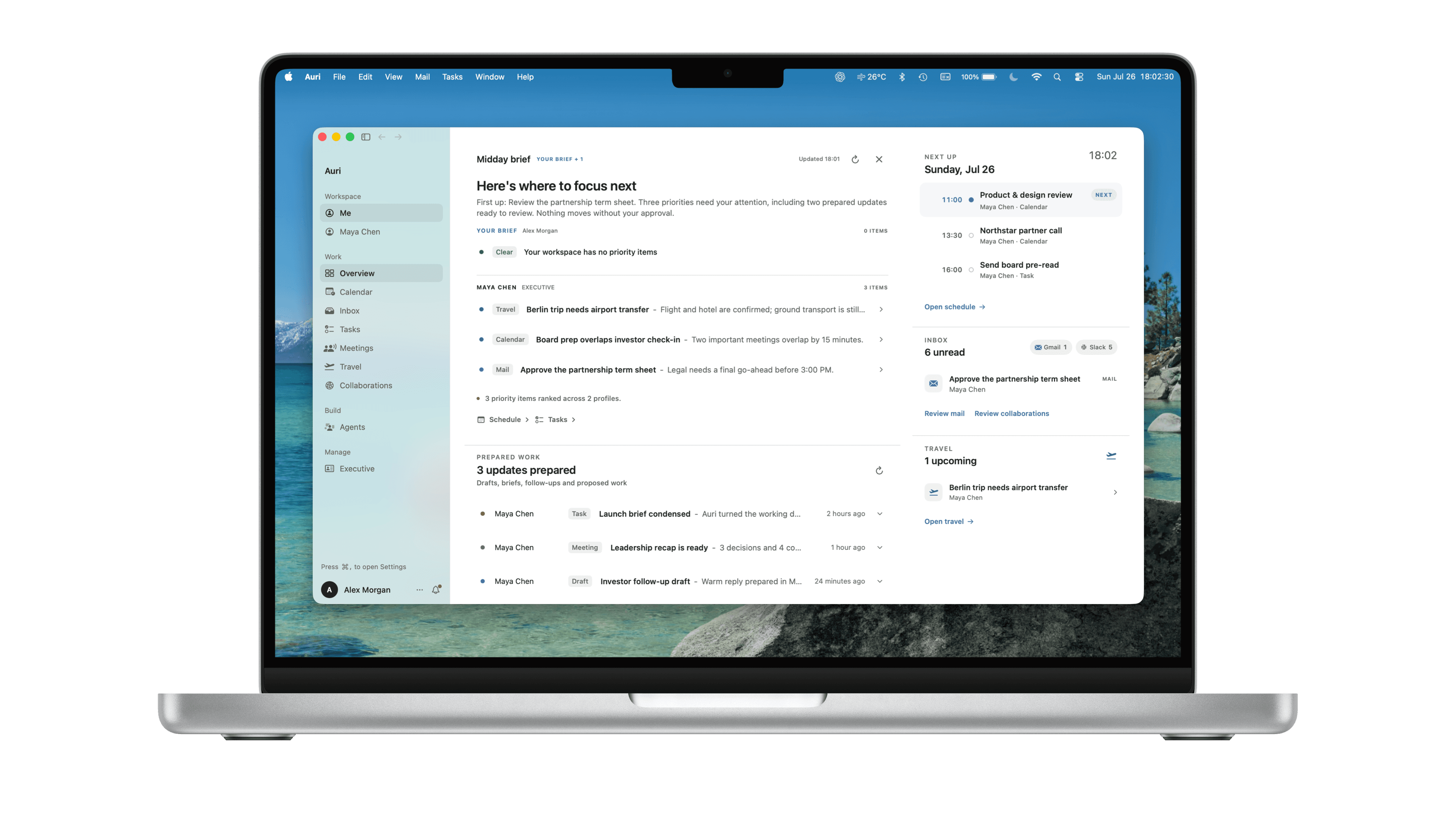 Auri Overview displayed on a MacBook, showing a midday brief, prepared work, schedule, inbox, and travel